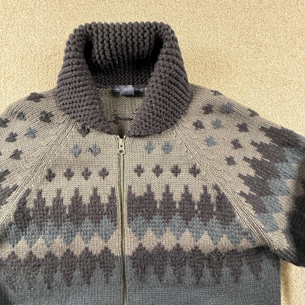 French Connection Mens Fair Isle‎ Zip Up Knit Sweater Charcoal Gray XL